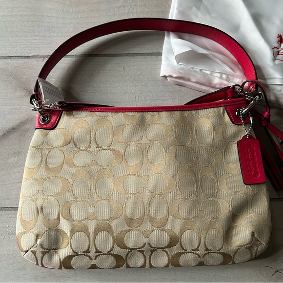 NWT 100% Authentic Coach Khaki Pink Scarlet Double Strap Handbag - Picture 6 of 7